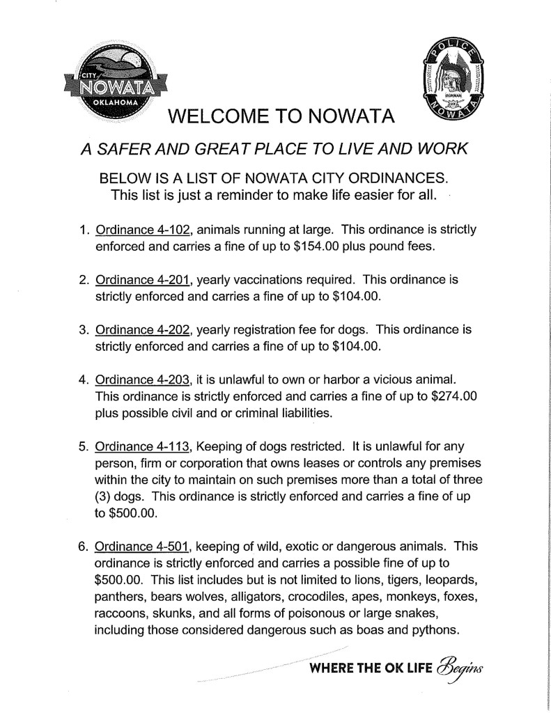 Nowata Oklahoma City Ordinances Regarding Animals